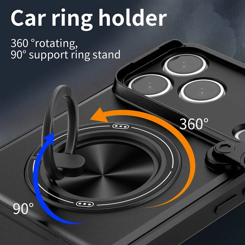 For iPhone 17 Pro Case Compatible with MagSafe Ring Holder Foldable Kickstand TPU PC Phone Cover with Camera Lens Slider - Black