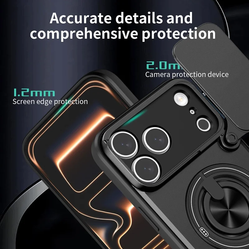 For iPhone 17 Pro Case Compatible with MagSafe Ring Holder Foldable Kickstand TPU PC Phone Cover with Camera Lens Slider - Black