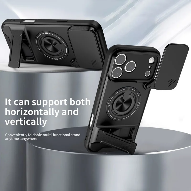 For iPhone 17 Pro Case Compatible with MagSafe Ring Holder Foldable Kickstand TPU PC Phone Cover with Camera Lens Slider - Black