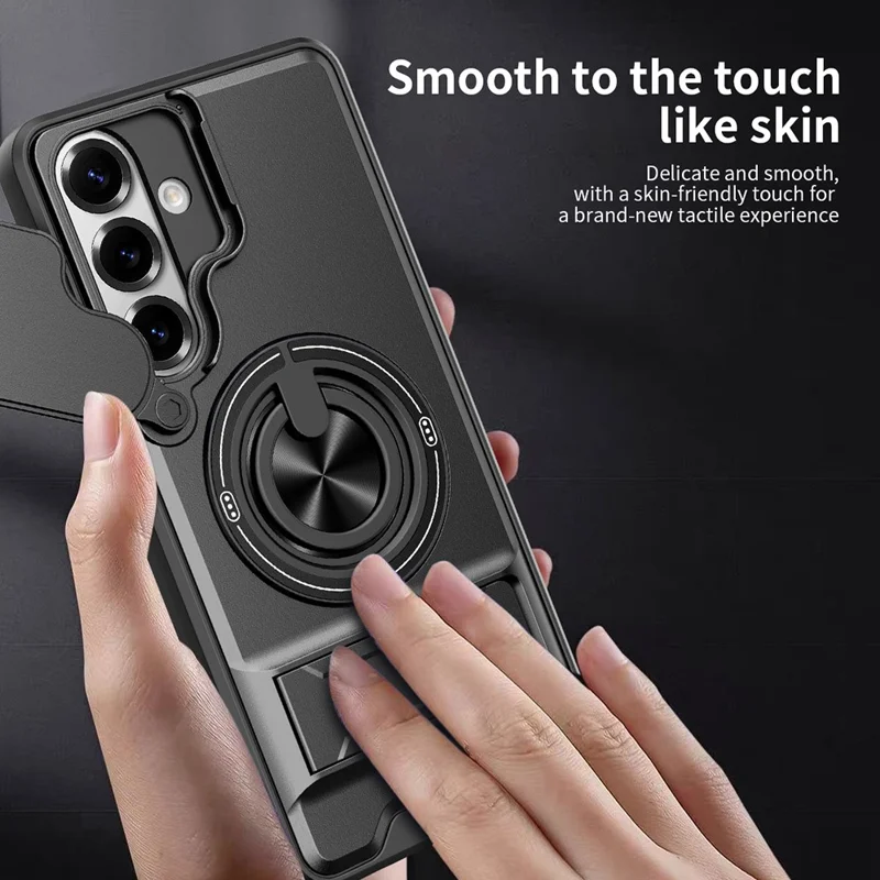 For Samsung Galaxy S26+ Magnetic Case Ring Holder Foldable Kickstand TPU PC Phone Cover with Camera Lens Slider - Black