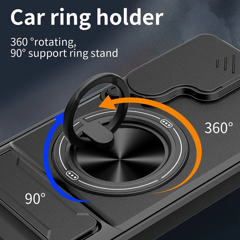 For Samsung Galaxy S26+ Magnetic Case Ring Holder Foldable Kickstand TPU PC Phone Cover with Camera Lens Slider - Black