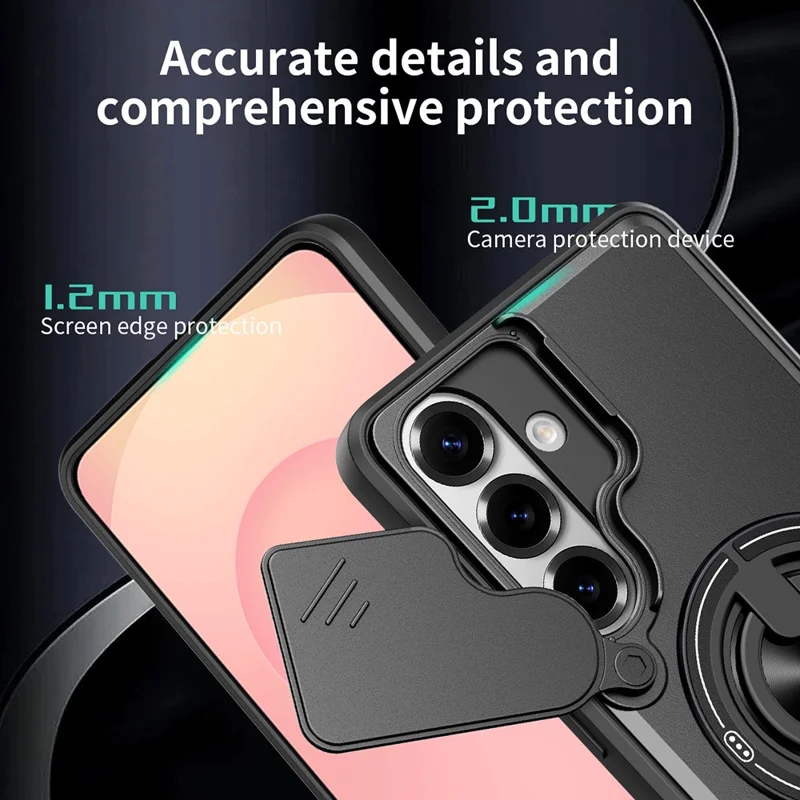 For Samsung Galaxy S26+ Magnetic Case Ring Holder Foldable Kickstand TPU PC Phone Cover with Camera Lens Slider - Black
