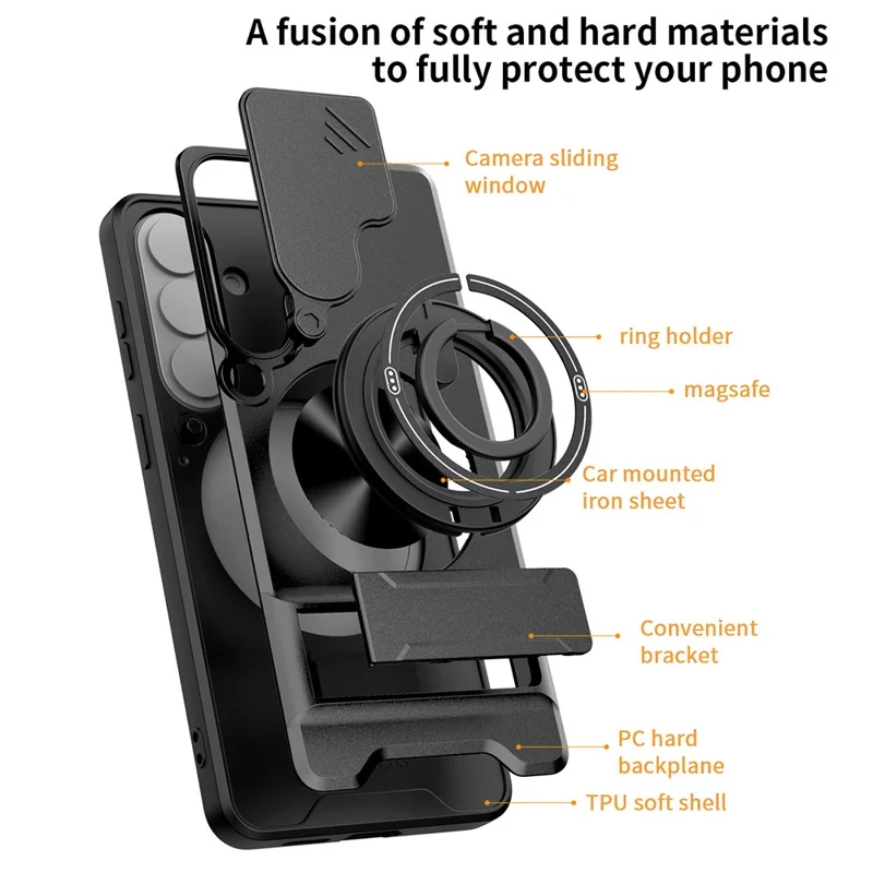 For Samsung Galaxy S26+ Magnetic Case Ring Holder Foldable Kickstand TPU PC Phone Cover with Camera Lens Slider - Black