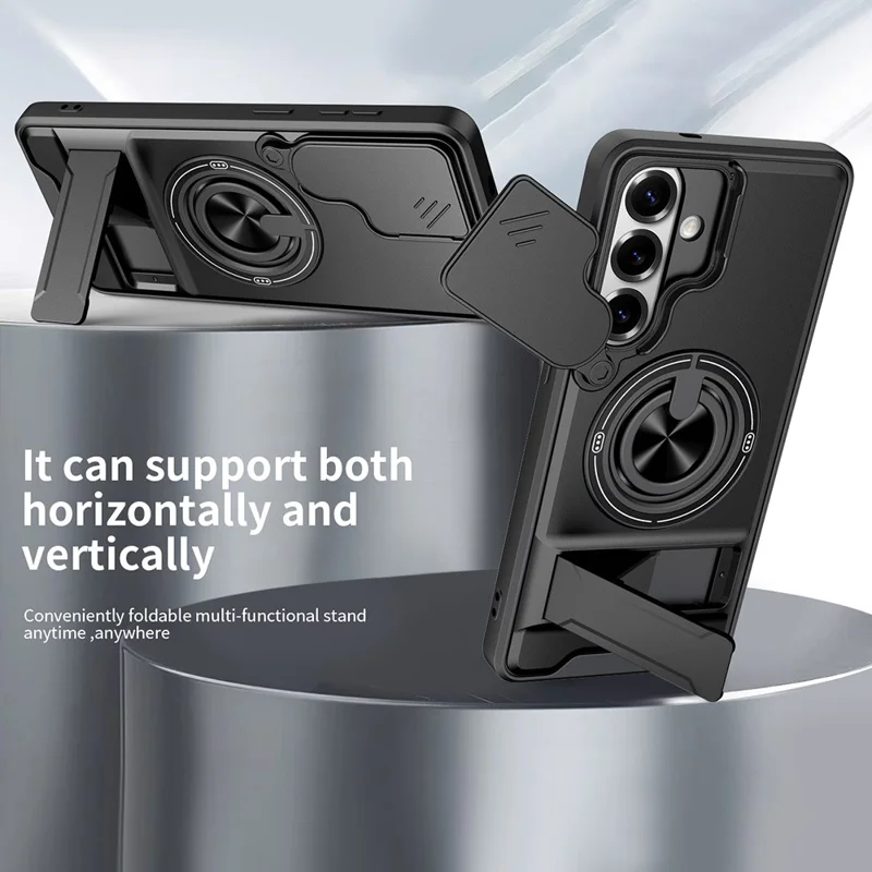For Samsung Galaxy S26+ Magnetic Case Ring Holder Foldable Kickstand TPU PC Phone Cover with Camera Lens Slider - Black