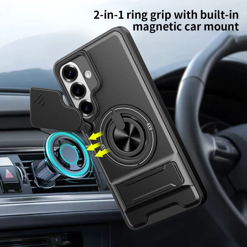 For Samsung Galaxy S26+ Magnetic Case Ring Holder Foldable Kickstand TPU PC Phone Cover with Camera Lens Slider - Black