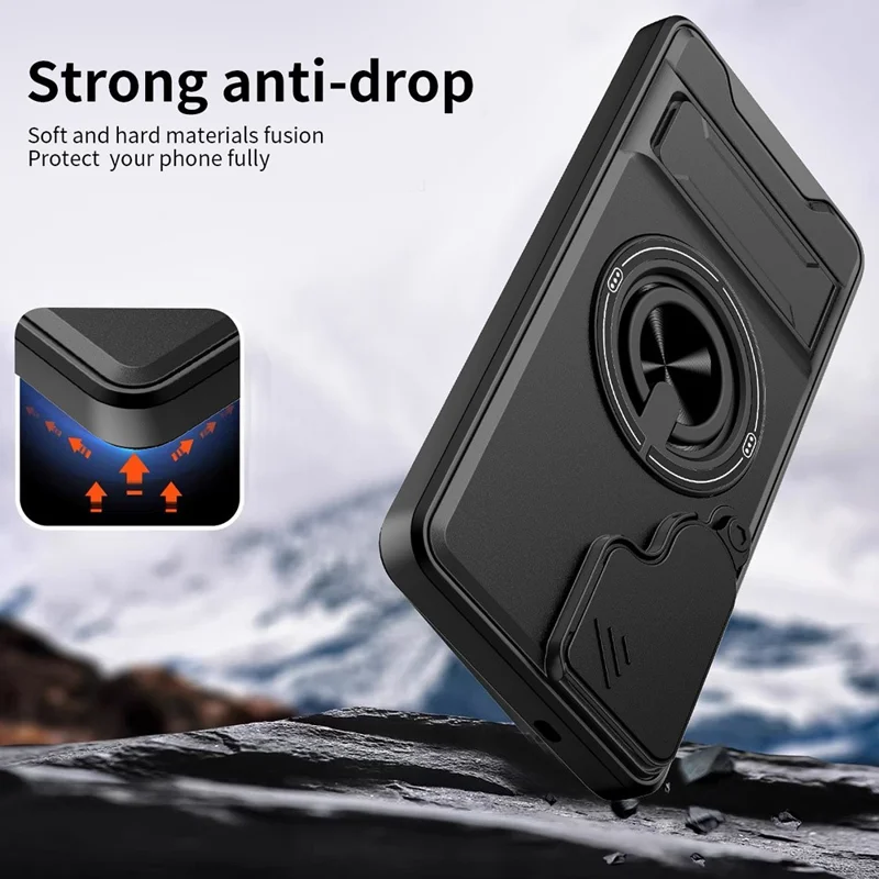 For Samsung Galaxy S26+ Magnetic Case Ring Holder Foldable Kickstand TPU PC Phone Cover with Camera Lens Slider - Black
