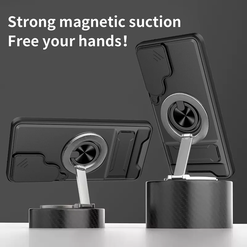 For Samsung Galaxy S26+ Magnetic Case Ring Holder Foldable Kickstand TPU PC Phone Cover with Camera Lens Slider - Black