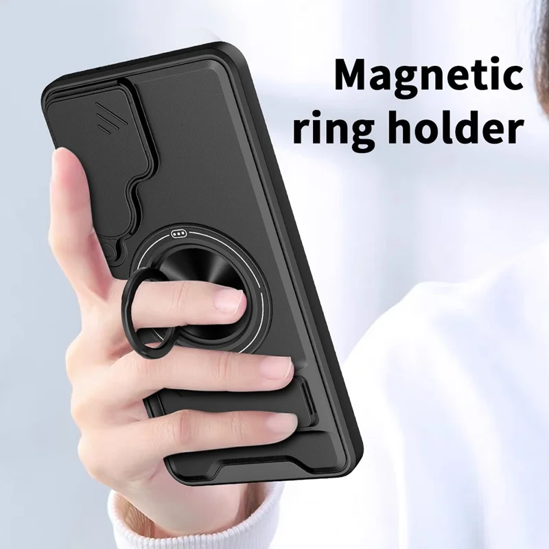 For Samsung Galaxy S26+ Magnetic Case Ring Holder Foldable Kickstand TPU PC Phone Cover with Camera Lens Slider - Black