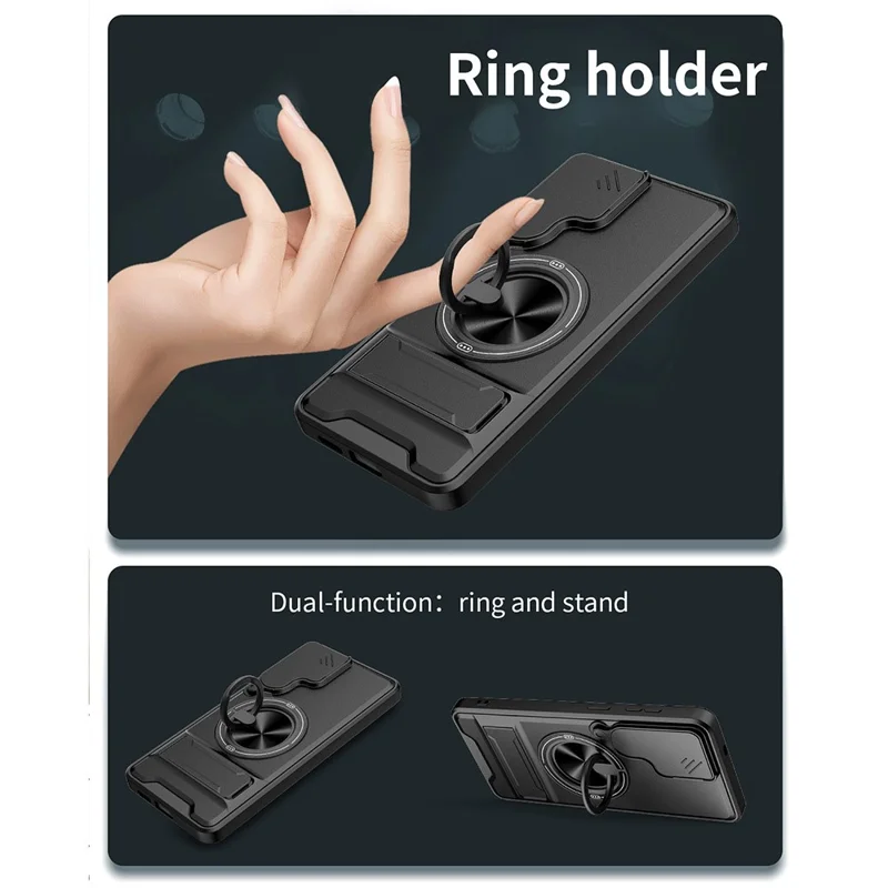 For Samsung Galaxy S26+ Magnetic Case Ring Holder Foldable Kickstand TPU PC Phone Cover with Camera Lens Slider - Black