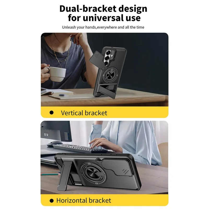 For Samsung Galaxy S26+ Magnetic Case Ring Holder Foldable Kickstand TPU PC Phone Cover with Camera Lens Slider - Black