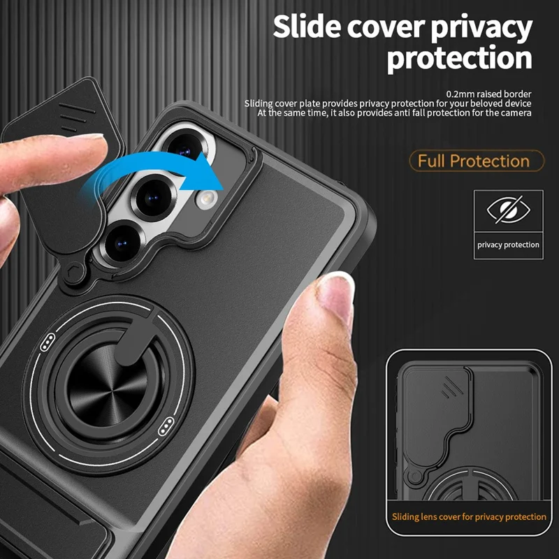 For Samsung Galaxy S26+ Magnetic Case Ring Holder Foldable Kickstand TPU PC Phone Cover with Camera Lens Slider - Black