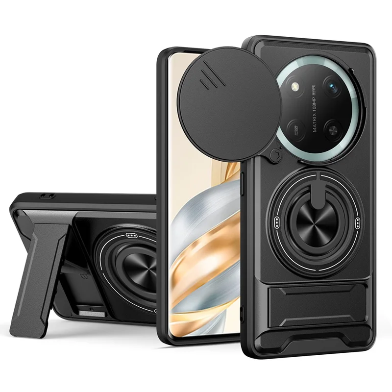 Чехол магнитный с кольцом-держателем, откидной подставкой, ТПУ/ПК с ползунком объектива для Honor X60 Pro 5G / X9c 5G - Черный