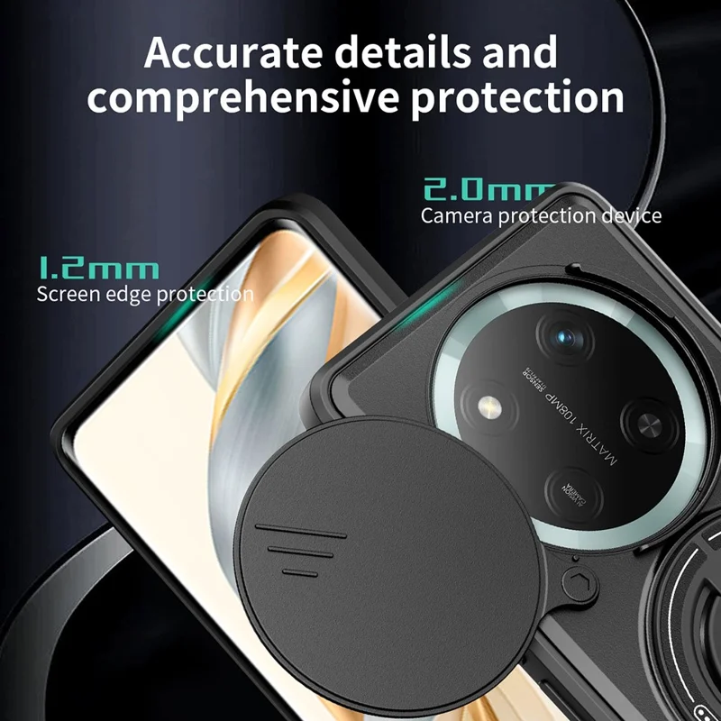 Чехол магнитный с кольцом-держателем, откидной подставкой, ТПУ/ПК с ползунком объектива для Honor X60 Pro 5G / X9c 5G - Черный