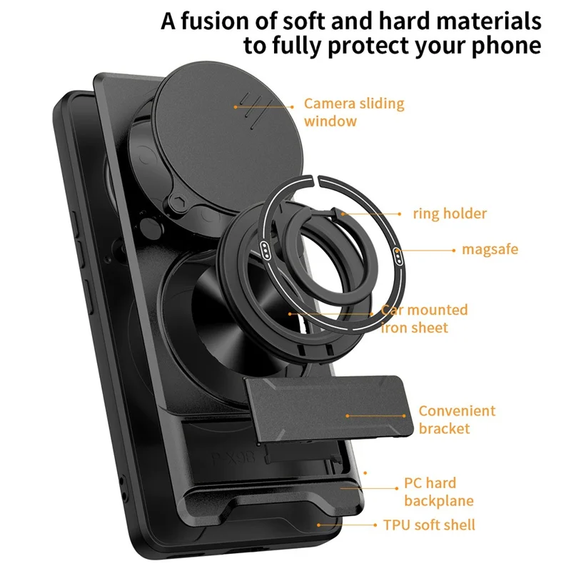 Чехол магнитный с кольцом-держателем, откидной подставкой, ТПУ/ПК с ползунком объектива для Honor X60 Pro 5G / X9c 5G - Черный