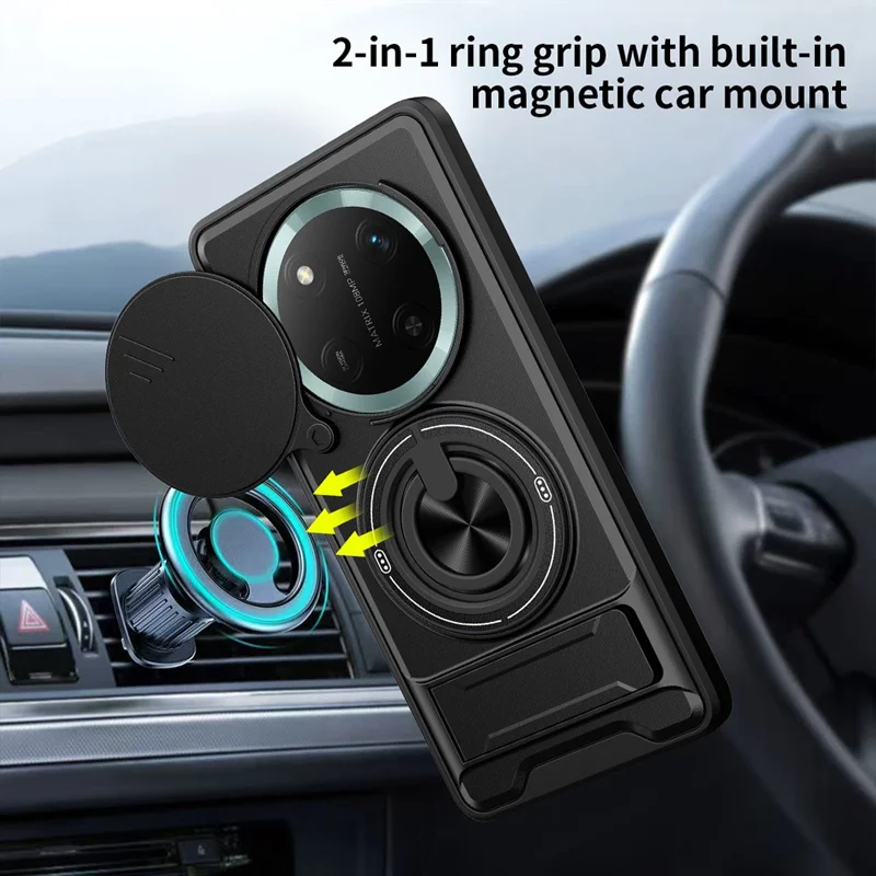 Чехол магнитный с кольцом-держателем, откидной подставкой, ТПУ/ПК с ползунком объектива для Honor X60 Pro 5G / X9c 5G - Черный