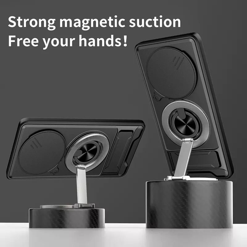 Чехол магнитный с кольцом-держателем, откидной подставкой, ТПУ/ПК с ползунком объектива для Honor X60 Pro 5G / X9c 5G - Черный