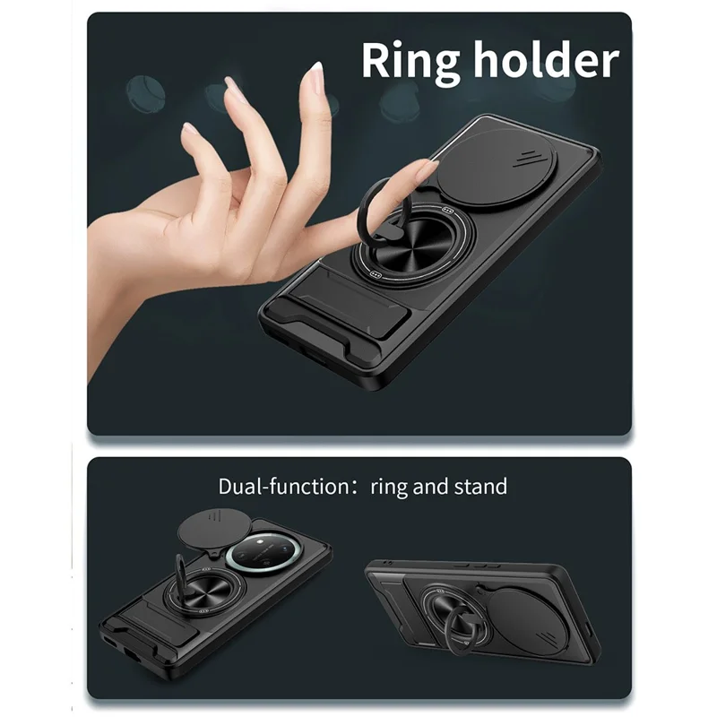 Чехол магнитный с кольцом-держателем, откидной подставкой, ТПУ/ПК с ползунком объектива для Honor X60 Pro 5G / X9c 5G - Черный