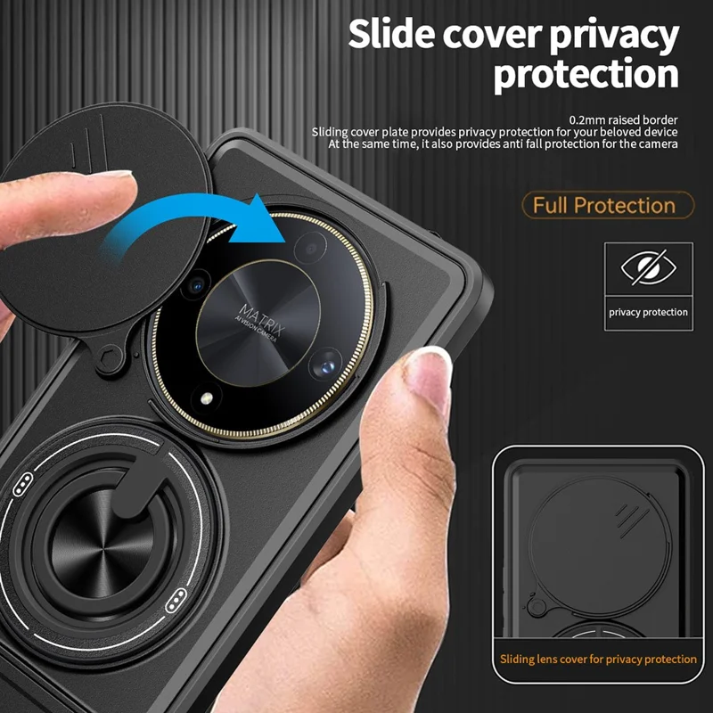 Magnetic Case For Honor X50 5G  /  X9b 5G  /  Magic6 Lite 5G Ring Holder Foldable Kickstand TPU PC Phone Cover with Camera Lens Slider - Black