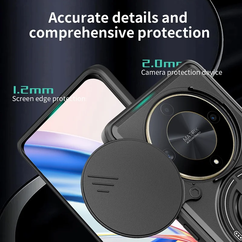 Magnetic Case For Honor X50 5G  /  X9b 5G  /  Magic6 Lite 5G Ring Holder Foldable Kickstand TPU PC Phone Cover with Camera Lens Slider - Black