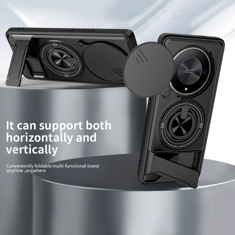 Magnetic Case For Honor X50 5G  /  X9b 5G  /  Magic6 Lite 5G Ring Holder Foldable Kickstand TPU PC Phone Cover with Camera Lens Slider - Black