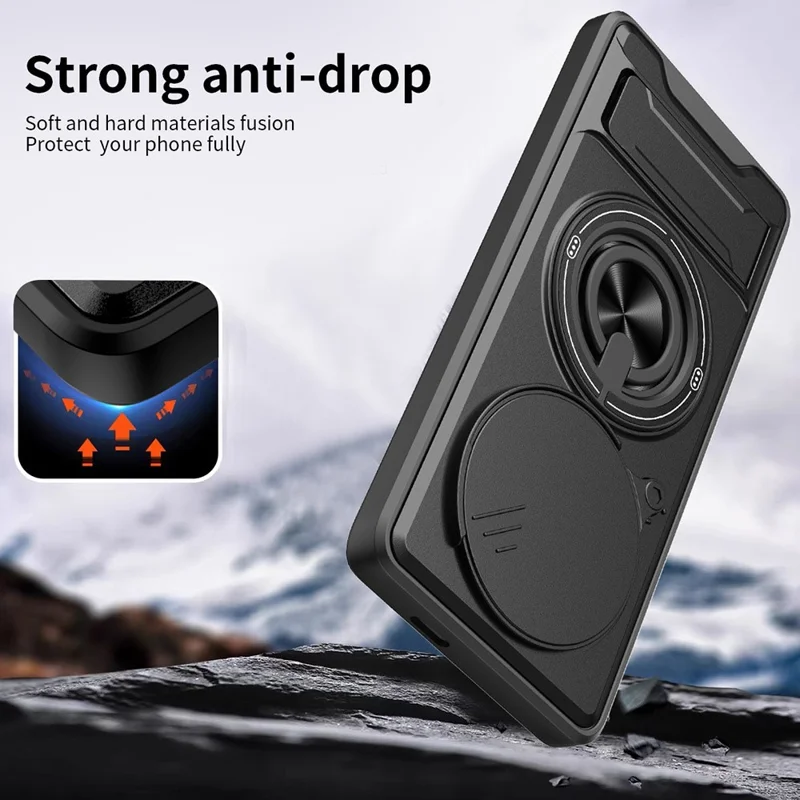 Magnetic Case For Honor X50 5G  /  X9b 5G  /  Magic6 Lite 5G Ring Holder Foldable Kickstand TPU PC Phone Cover with Camera Lens Slider - Black
