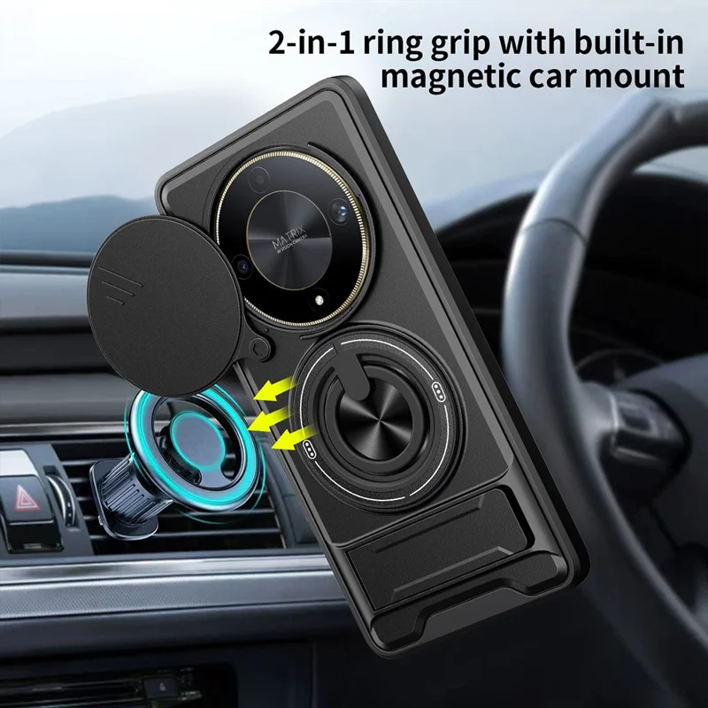 Magnetic Case For Honor X50 5G  /  X9b 5G  /  Magic6 Lite 5G Ring Holder Foldable Kickstand TPU PC Phone Cover with Camera Lens Slider - Black