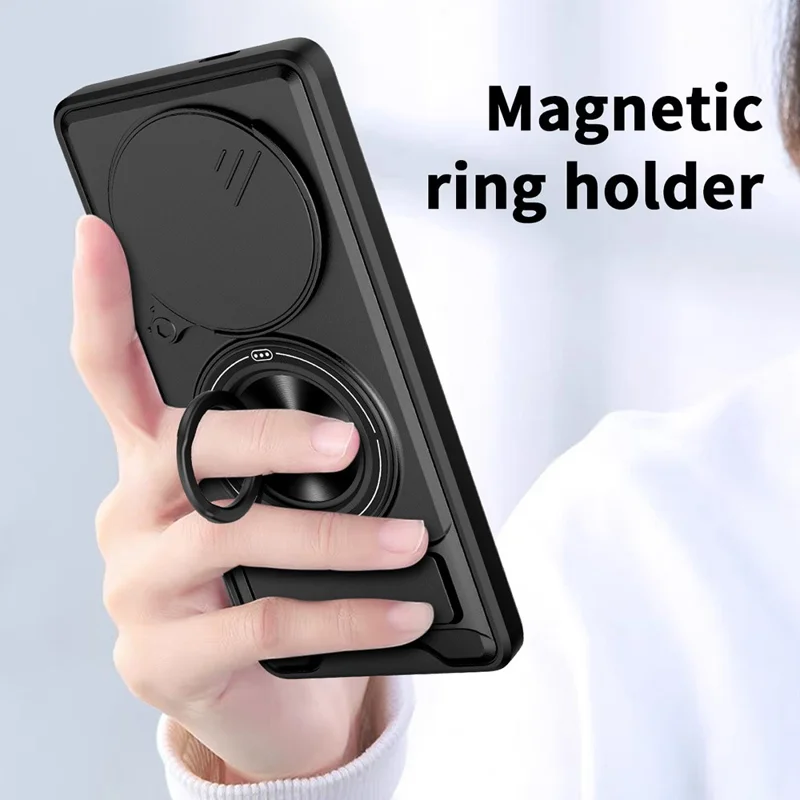 Magnetic Case For Honor X50 5G  /  X9b 5G  /  Magic6 Lite 5G Ring Holder Foldable Kickstand TPU PC Phone Cover with Camera Lens Slider - Black