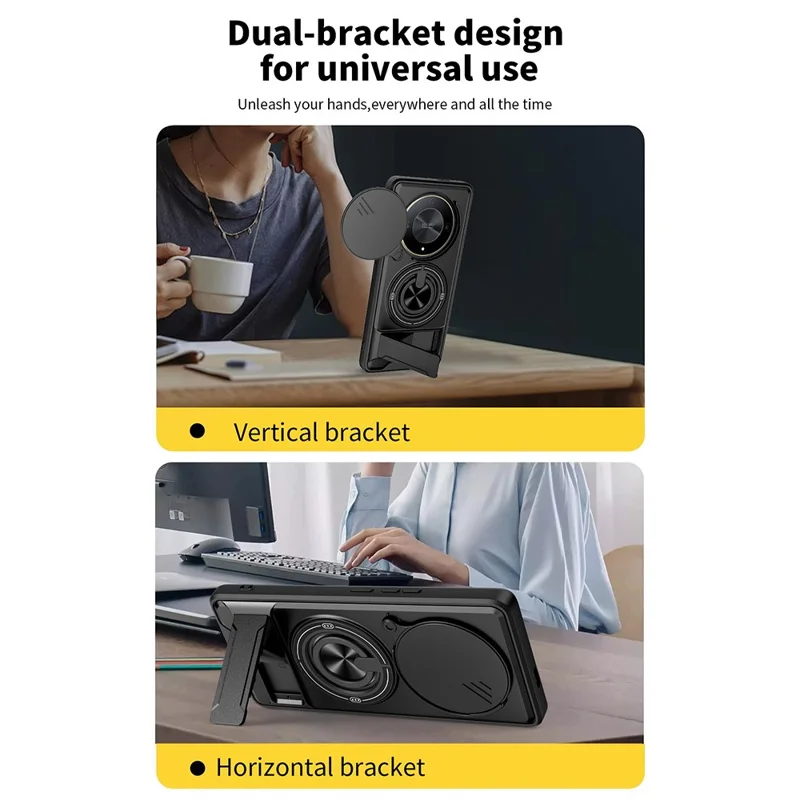 Magnetic Case For Honor X50 5G  /  X9b 5G  /  Magic6 Lite 5G Ring Holder Foldable Kickstand TPU PC Phone Cover with Camera Lens Slider - Black