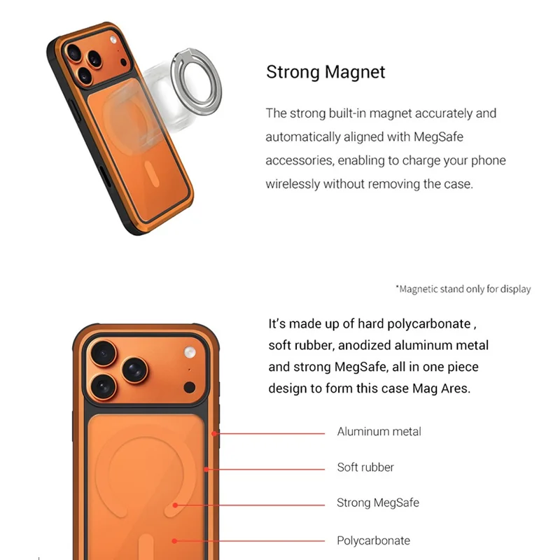 KZDOO til iPhone 17 Pro Case Kompatibel med MagSafe Metalramme TPU + PC Telefonbeskyttelse med Al Touch-knap - Orange