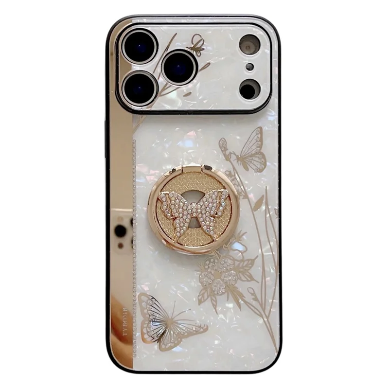 For iPhone 17 Pro Max Case Rhinestones Decor Kickstand TPU+PC Butterfly Floral Phone Cover - White