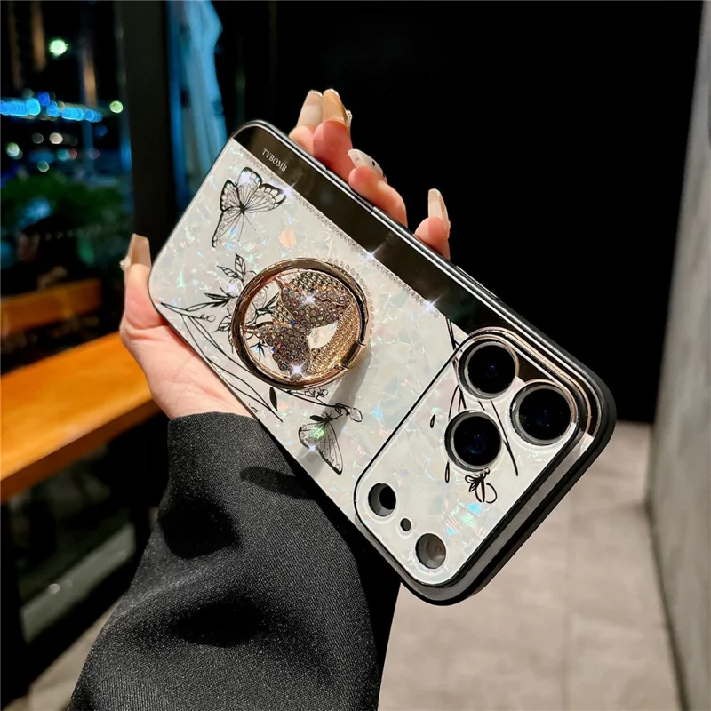 For iPhone 17 Pro Max Case Rhinestones Decor Kickstand TPU+PC Butterfly Floral Phone Cover - White