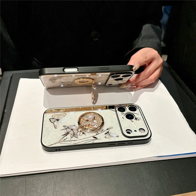 For iPhone 17 Pro Max Case Rhinestones Decor Kickstand TPU+PC Butterfly Floral Phone Cover - White