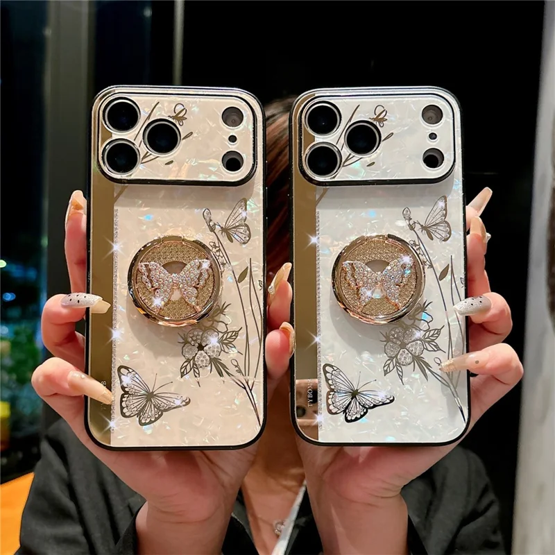 For iPhone 17 Pro Max Case Rhinestones Decor Kickstand TPU+PC Butterfly Floral Phone Cover - White