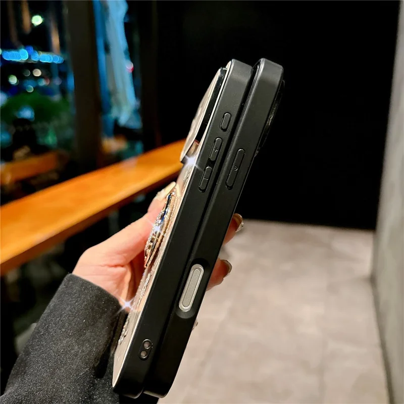 For iPhone 17 Pro Max Case Rhinestones Decor Kickstand TPU+PC Butterfly Floral Phone Cover - White