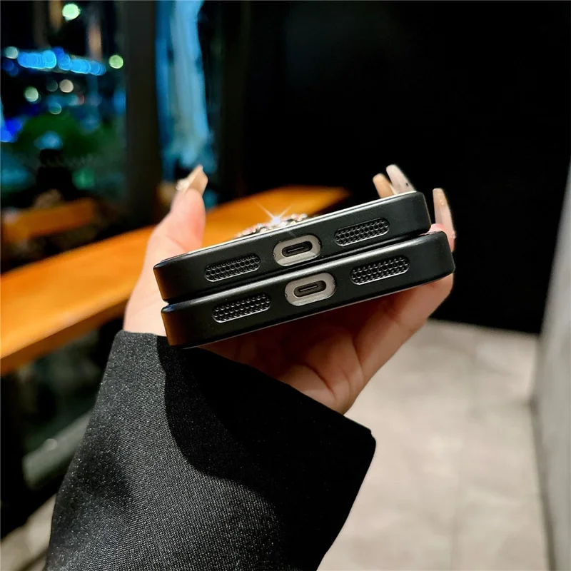 For iPhone 17 Pro Max Case Rhinestones Decor Kickstand TPU+PC Butterfly Floral Phone Cover - White