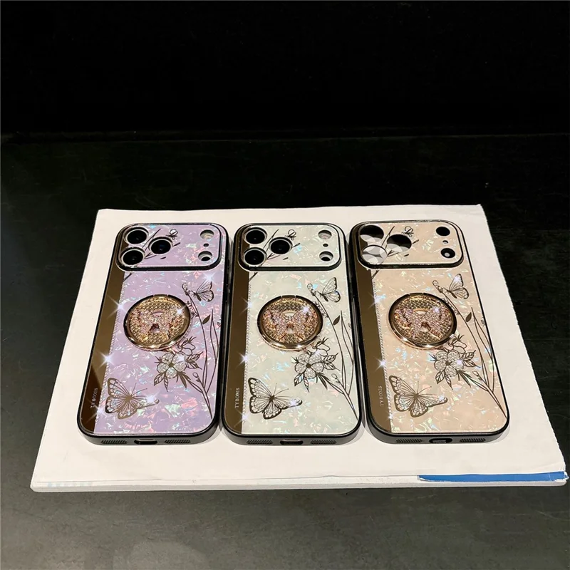 For iPhone 17 Pro Max Case Rhinestones Decor Kickstand TPU+PC Butterfly Floral Phone Cover - White