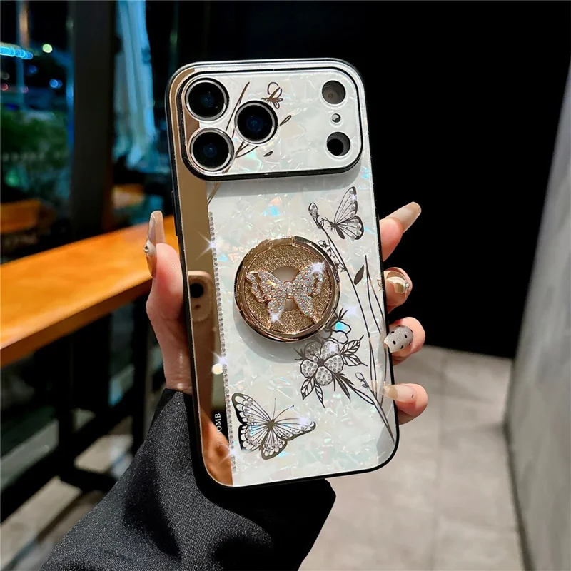 For iPhone 17 Pro Case Rhinestones Decor Kickstand TPU+PC Butterfly Floral Phone Cover - White