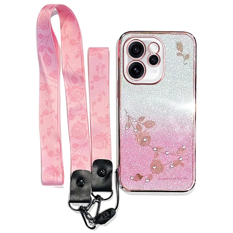 KADEM For Oppo Reno15 5G Case Flower Pattern TPU Gradient Phone Cover with Lanyards - Rose Gold