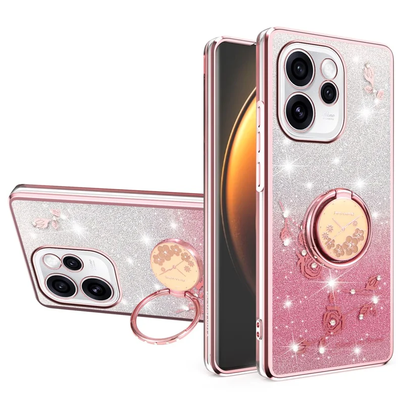 KADEM Custodia per Oppo Reno15 5G con Anello Supporto Custodia in TPU Fiori Copertura per Telefono Glitter Gradiente - Oro Rosa