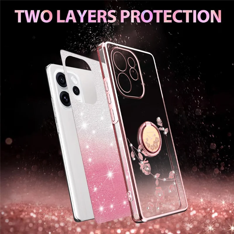KADEM Custodia per Oppo Reno15 5G con Anello Supporto Custodia in TPU Fiori Copertura per Telefono Glitter Gradiente - Oro Rosa