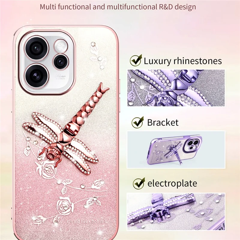 KADEM Coque pour Oppo Reno15 Pro 5G, Coque à Motif Libellule avec Support, TPU, Fleurs, Paillettes, Violet