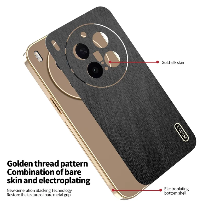 KADEM Funda para vivo X300 Pro 5G Funda con Revestimiento Electrolítico Diseño de Textura de Seda de PU + TPU Protector Trasero para Teléfono - Negro