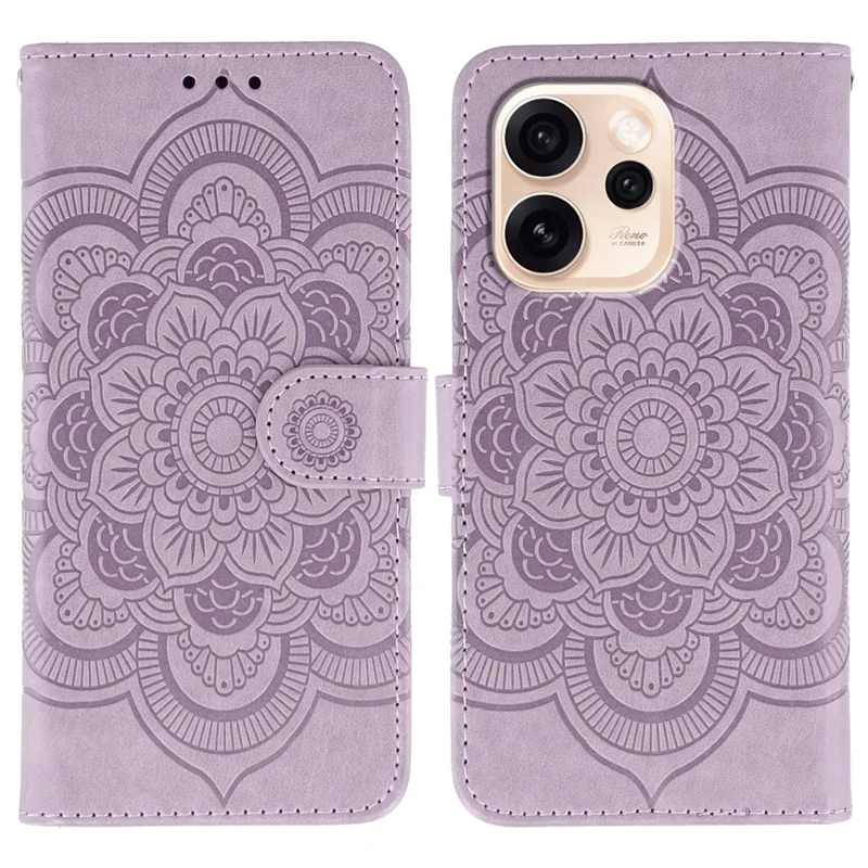 Funda para teléfono con billetera de cuero PU con diseño impreso de mandala y correa de muñeca para Oppo Reno15 Pro 5G - Morado