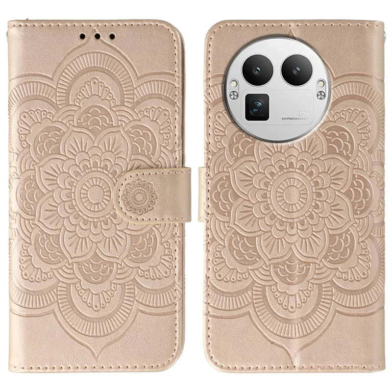 For Realme GT 8 Pro 5G Case PU Leather Mandala Imprinted Design Wallet Phone Cover with Wrist Strap - Rose Gold