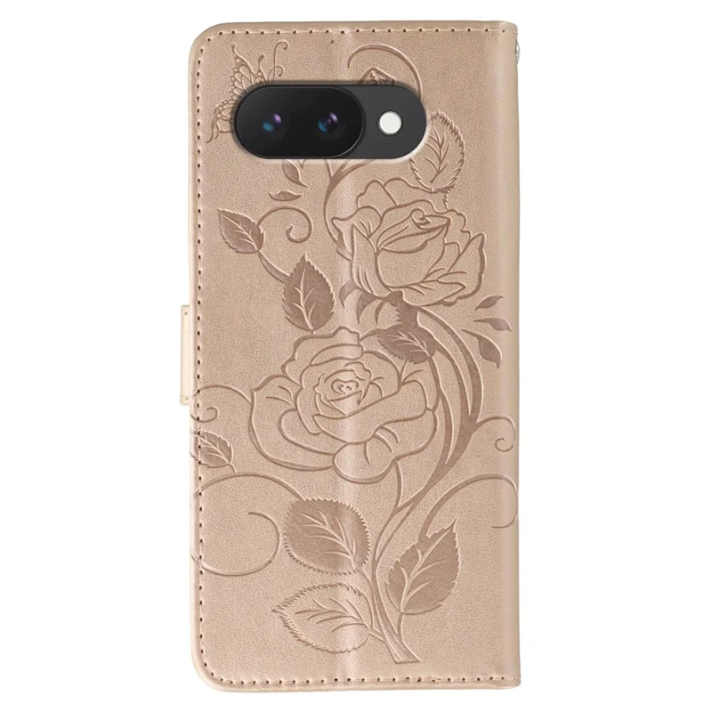 For Google Pixel 10a Case Wallet Stand Imprinted Rose Butterfly PU Leather Phone Cover - Rose Gold