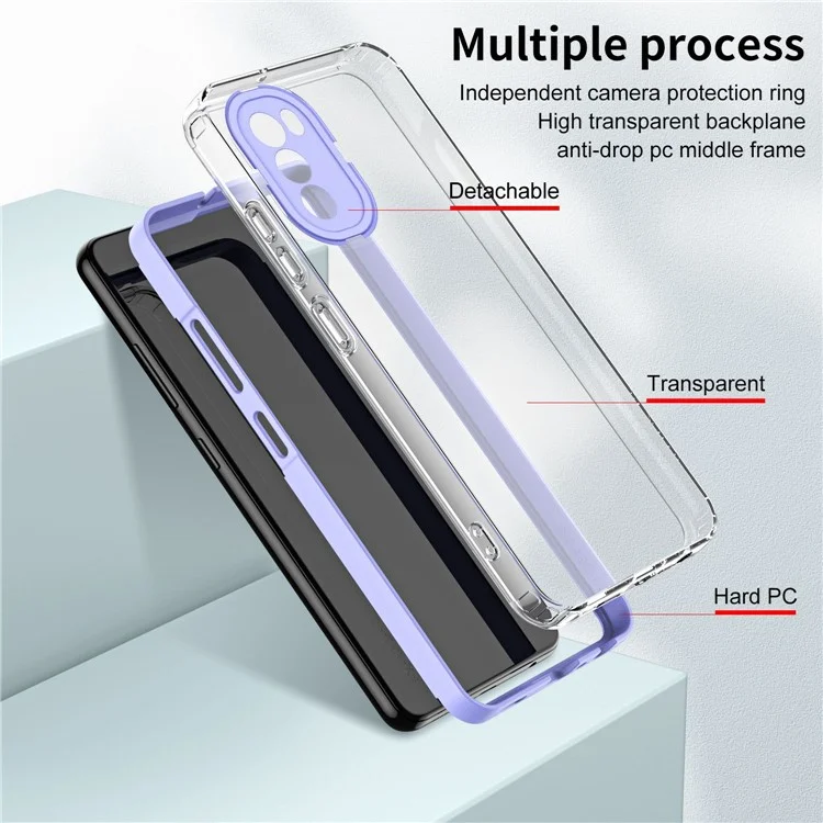 Cellphone Cover for Motorola Moto G62 5G, 3-in-1 Clear TPU Backplate + PC Frame + PC Camera Protection Ring Phone Back Case - Purple