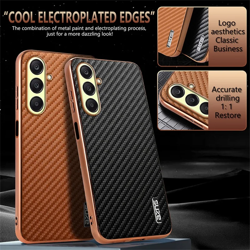 Funda AZNS para Samsung Galaxy A37 con acabado electrochapado y textura de fibra de carbono, carcasa de teléfono de PU + TPU - Negro