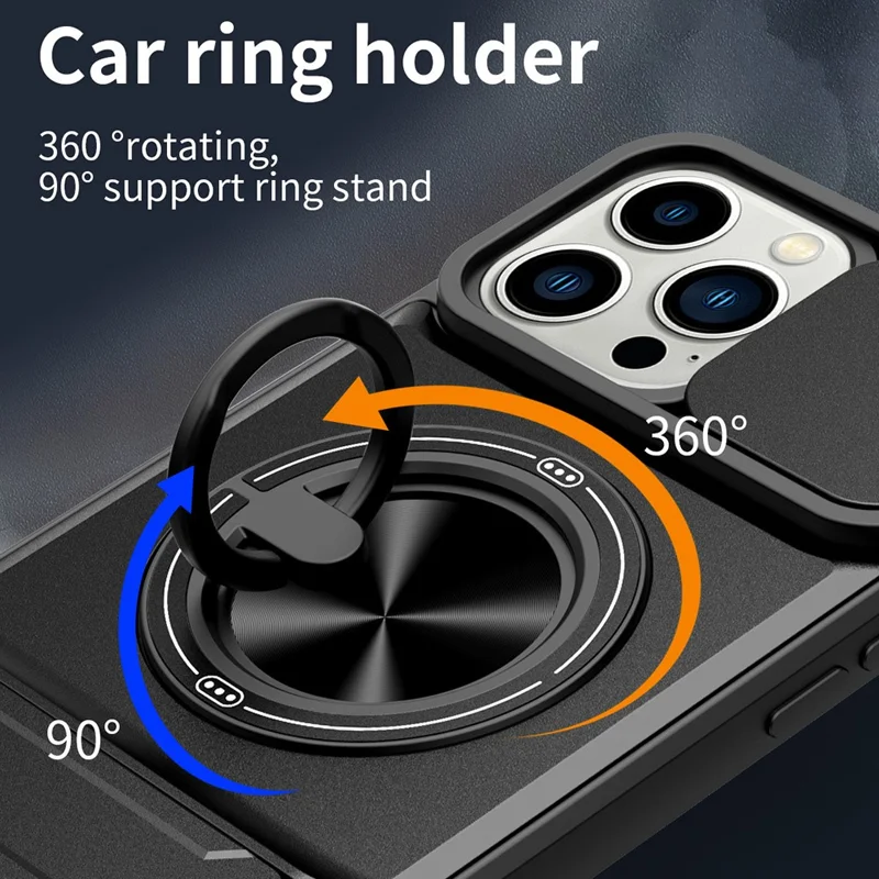 For iPhone 15 Pro Max Case Compatible with MagSafe Ring Holder Foldable Kickstand TPU PC Phone Cover with Camera Lens Slider - Black