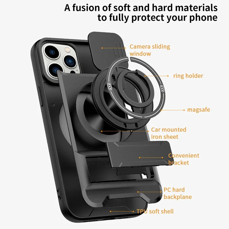 For iPhone 15 Pro Max Case Compatible with MagSafe Ring Holder Foldable Kickstand TPU PC Phone Cover with Camera Lens Slider - Black