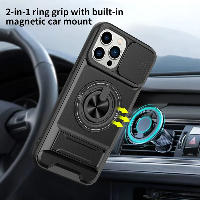 For iPhone 15 Pro Max Case Compatible with MagSafe Ring Holder Foldable Kickstand TPU PC Phone Cover with Camera Lens Slider - Black